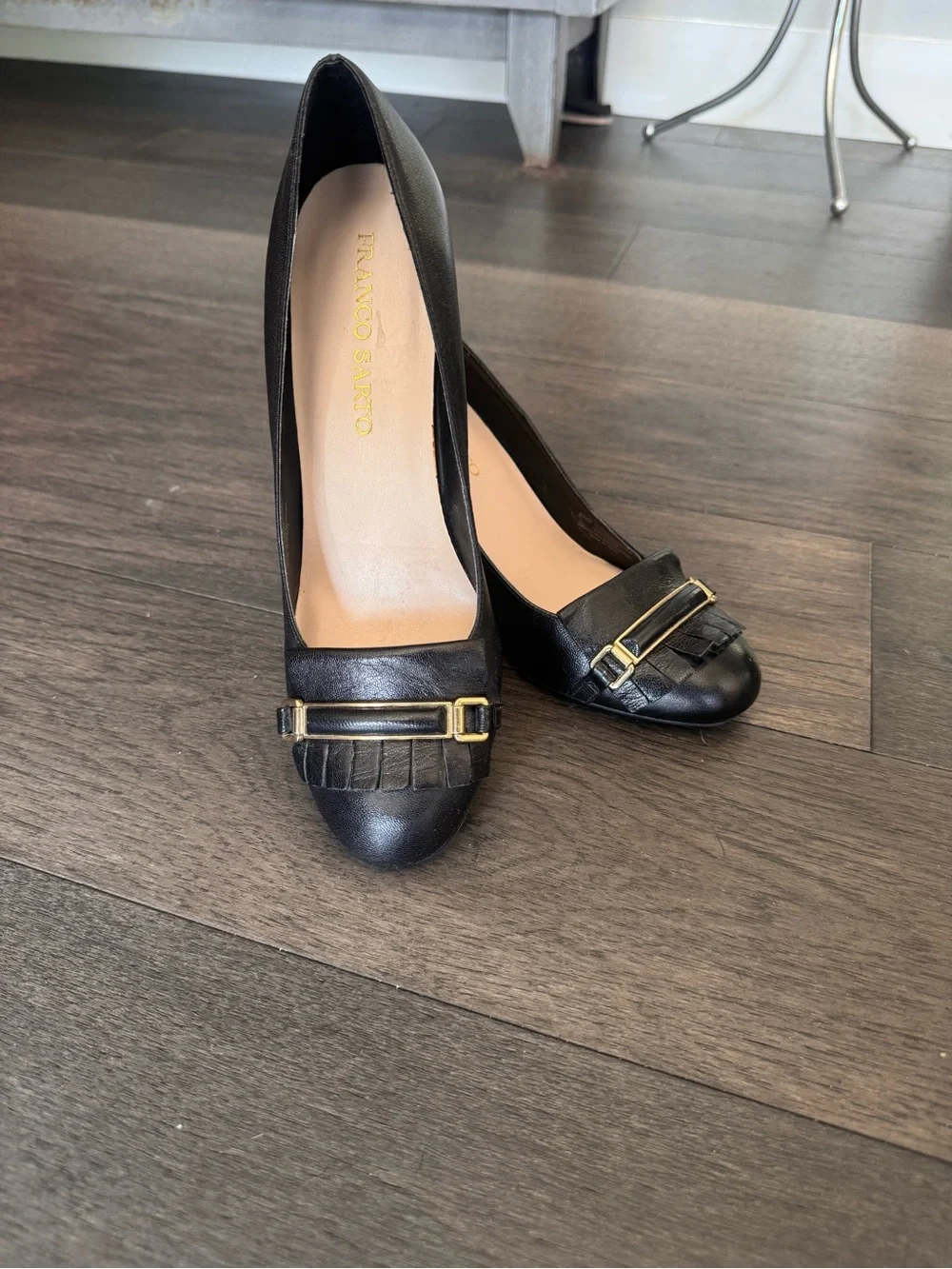 Franco Sarto Black Leather Fringe Pumps with Gold Bar
